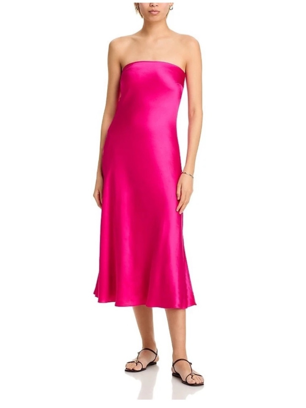 NWT French Connection Oona Satin Strapless Midi Dress in Hot Pink